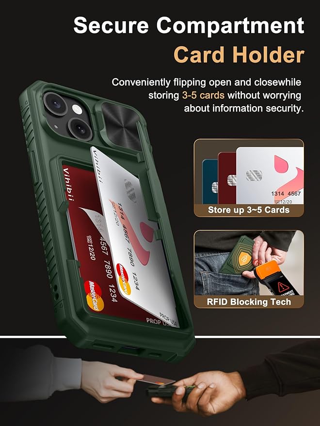 Vihibii for iPhone 15/14/13 Wallet Case, Built-in Card Holder (4 Cards), RFID Blocking & Slide Camera Cover, Military Grade Drop Protection, TPU Soft Edge Phone Case, Green