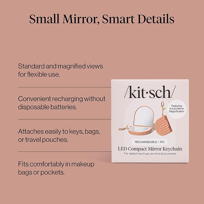 Kitsch Compact Mirror Keychain – Travel Makeup Mirror with Lights, Small Lighted Dual-Magnification Pocket Mirrors, USB-Rechargeable, Ideal for Your Touch-Ups While On Travel – Terracotta