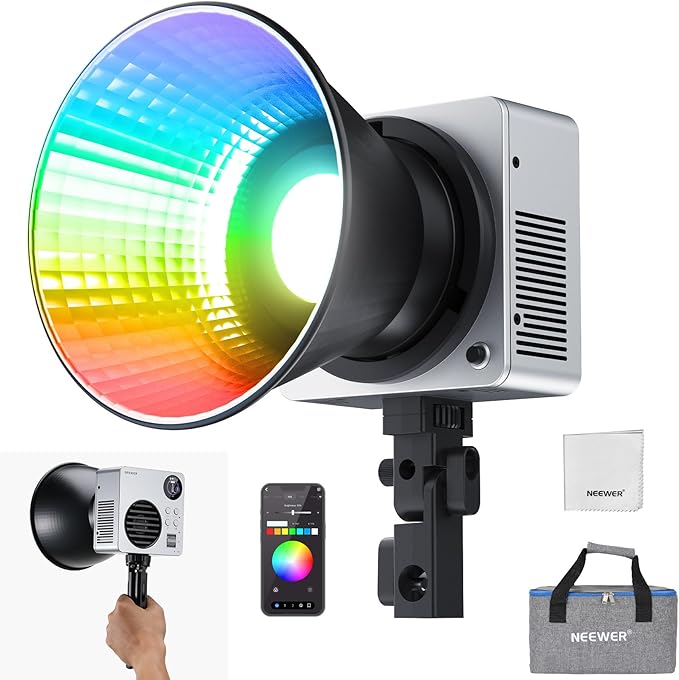 NEEWER HB80C 80W RGBWW LED Video Light with 72Wh Battery & 100W PD Fast Charging, 10400lux/m Brightness, 2500K-7500K CCT, 18 Lighting Effects, Bowens Spotlight for Studio Photography & Video Recording