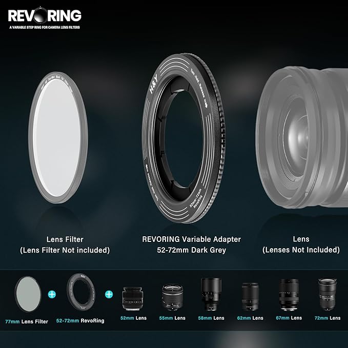 H&Y RevoRing Adjustable Step Up Ring 52-72mm to 77mm, Variable Lens Filter Adapter Ring, Universal Stepping System fits 52 55 58 62 67 72mm, Titanium Gray