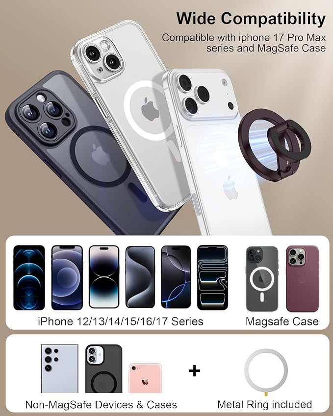 MagSafe Finger Ring Phone Holder with Kickstand, Magnetic Grip Stand for iPhone 17 Pro Max/Air/16e/16 Plus/15/14/13/12 Mini Samsung Galaxy & Pixel, Stick-On for MagSafe Car Mount, Gym & Metal Surfaces
