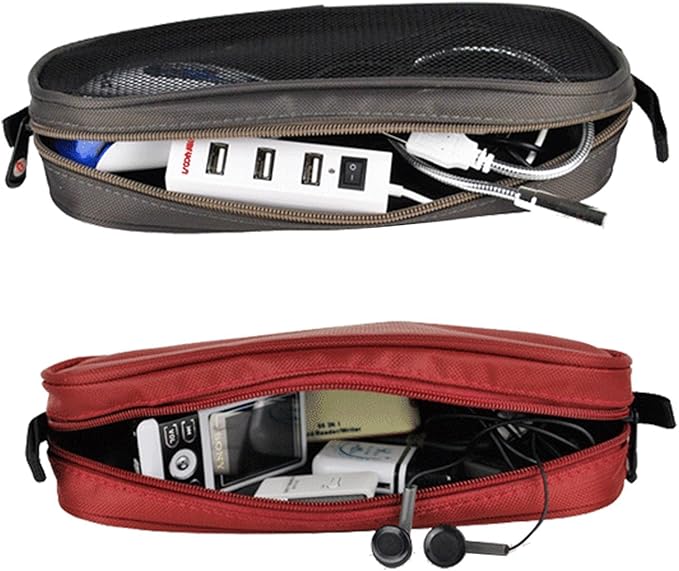 Universal Electronics Accessories Travel Organizer - Zipper Mesh Adapter Case for Laptop, Notebook, Tablet, Power, Mouse, Cord, USB Accessories - Red