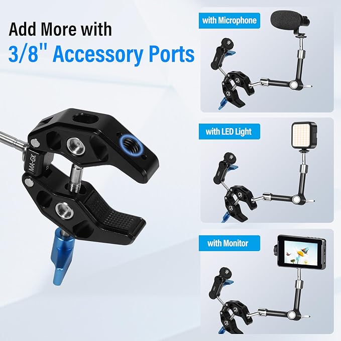 SIRUI Articulating Camera Mount Clamp with Phone Holder, Magic Arm Super Clamp with 1/4"-20 Thread and 3/8"-16 Locating Hole for ARRI, Ball Head Mount for Camera Monitor and Bicycle, MA-GK, Black