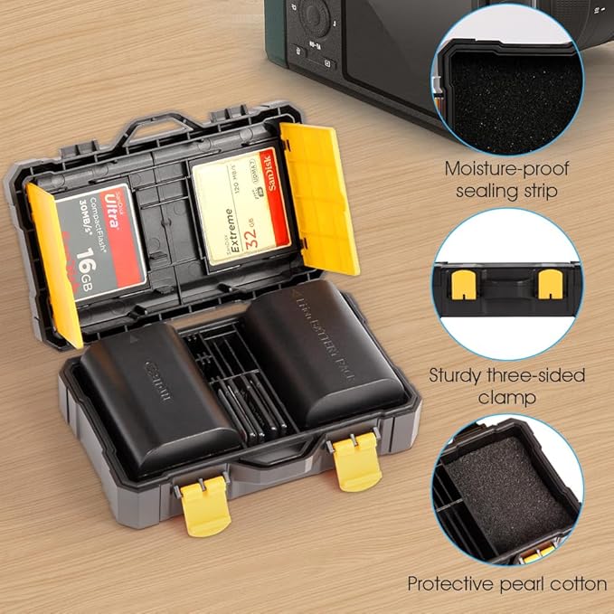 Multi-Function Camera Battery Case Anti-Shock Memory Card Holder for 2X Camera Batteries, 2X CF/XQD/CFeB, 5X SD, 6X TF, and 3X CFeA