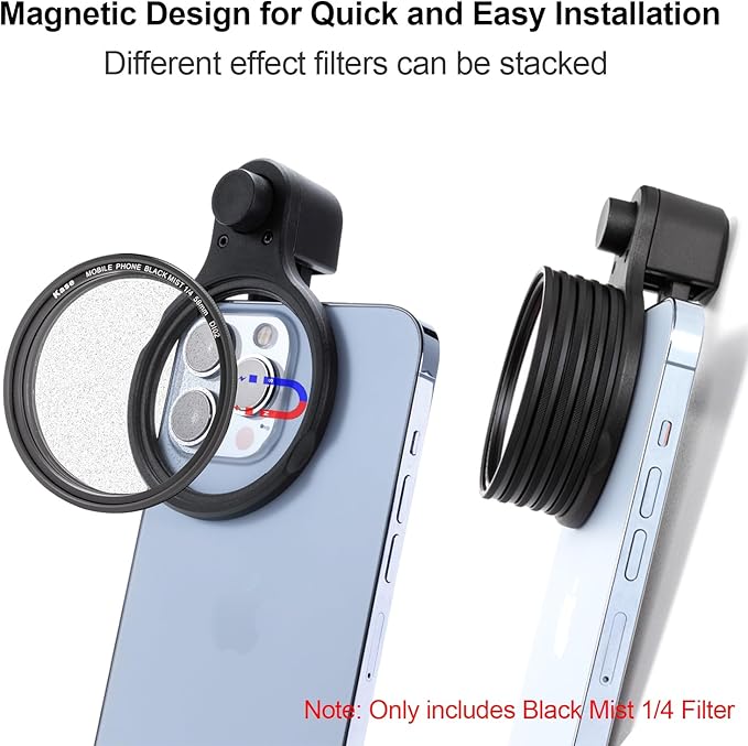 Kase 58mm Clip-on Magnetic Black Mist 1/4 Diffusion Filter for iPhone 16 15 14 Pro Max 13 12 11 Samsung Xiaomi, Mist Dream Cinematic Effect Filter for Video/Vlog/Portrait Photography