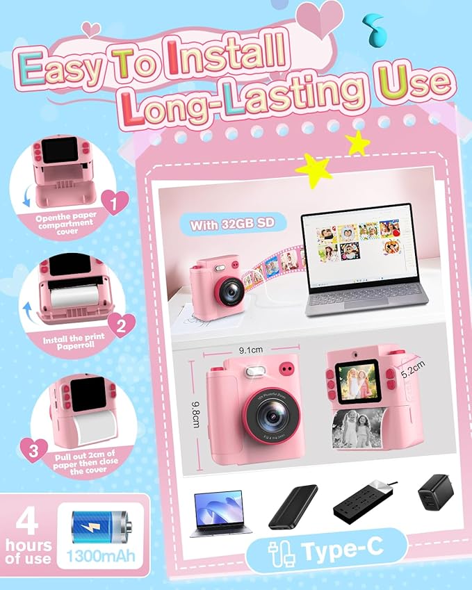 MYSTILUCK Kids Camera Toys for 3 4 5 6 7 8 9 10 Year Old Girls Boys, Christmas Birthday Gift with 1080P HD Digital Camera, 32GB SD Card, Selfie Mode, Fun Filters, Portable Travel Toy - Pink