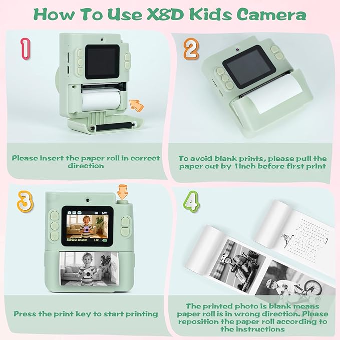 Kids Camera Instant Print, 1080P HD Dual-Lens Selfie Digital Camera with 5 Printing Paper Rolls & 32G TF Card, for Children, Portable Toddler Toy for Age 3-12 Boys & Girls (Mint Green)