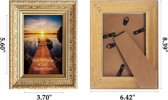 Edenseelake 4x6 Picture Frames Set of 2, Vintage Gold Photo Frame 4 by 6 for Tabletop or Wall Display