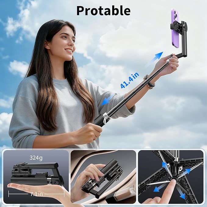 iPhone Gimbal Stabilizer, Estabilizador de Celular Profesional, Android Smartphone Aluminum Extendable Selfie Stick Tripod, 360° Automatic Rotation, Auto Balance for Live Video Recording, Vlogging