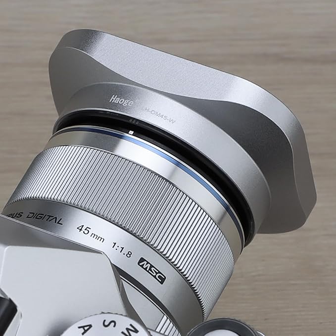 Haoge LH-OM45-W Metal Square Lens Hood for Olympus M.ZUIKO Digital 45mm F1.8 Lens Silver Bayonet Shade Hood