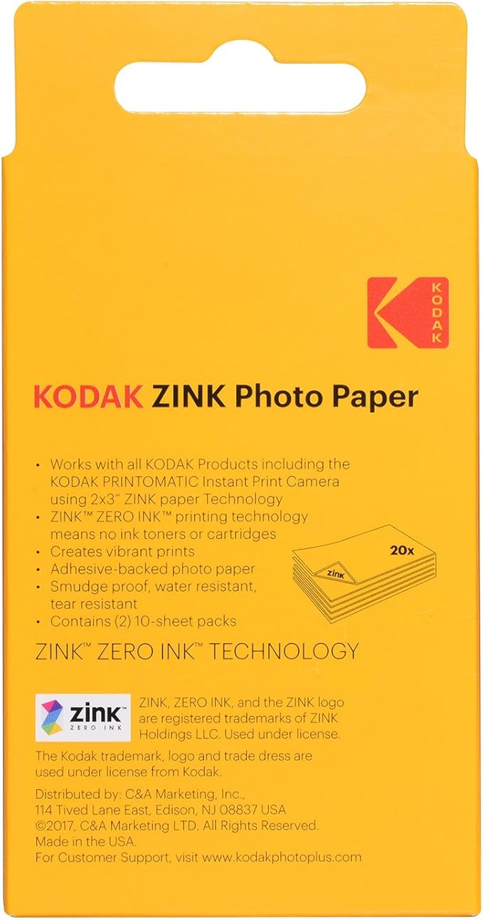 Kodak 2x3" Sticky-Backed ZINK Photo Paper (20 Sheets) - Compatible With Kodak Printomatic Instant Camera