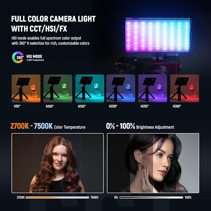 NEEWER Basics RGB Video Light, 8W 2700K-7500K Portable Full RGB Colors 17 Scenes CRI97, 4000mAh Rechargeable Metal Small LED Camera Panel Lighting for DSLR Tripod Streaming Video Recording, SL90C