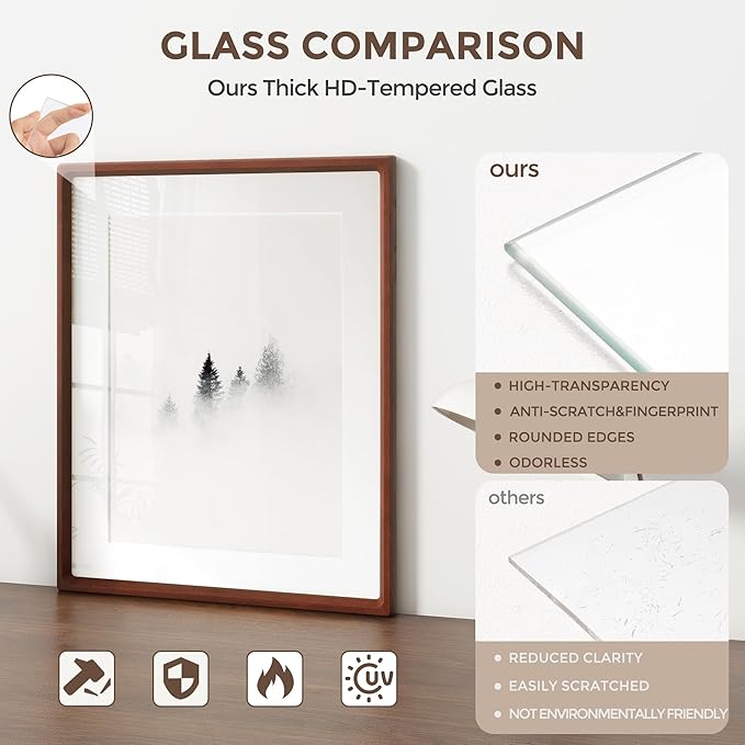 11x14 Picture Frame, USA-Sourced Natural Mahogany Wood Photo Frame with Tempered Glass, Handcrafted Rounded Corner 11 x 14 Wooden Frame Matted to 8x10 Photos, Hanging Hooks Included