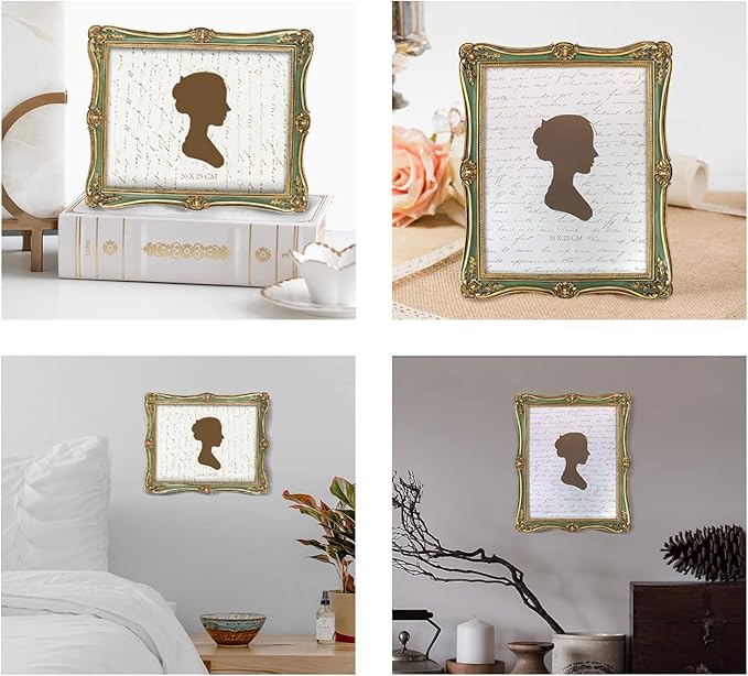 AELS 8x10 Inch Vintage Picture Frame, Elegant Antique Photo Frames with Glass Front, Photo Display, Tabletop Wall Hanging, Gift Ideas, Gold and Green