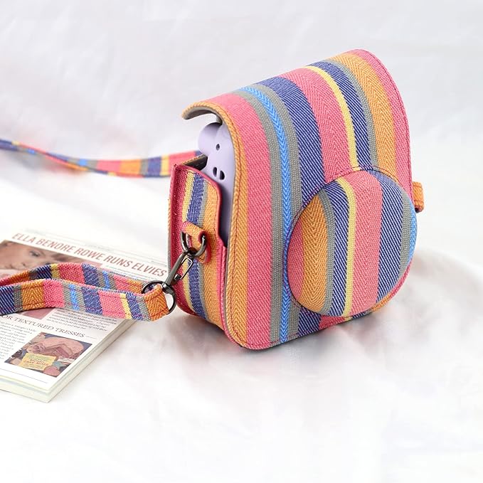 Frankmate Canvas Camera Case Compatible with Fujifilm Instax Mini 11 12 Instant Camera with Adjustable Strap and Pocket (Color Stripes)