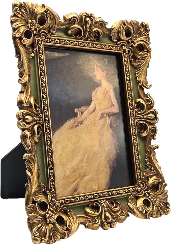 CISOO 4x6 Vintage Picture Frame Antique Ornate Green and Gold Photo Frame, for Table Top and Wall Display, Decorative Floral Design Retro Home Decor, Photo Gallery Art
