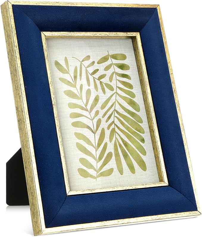 Kathfly 1 Pcs Navy Blue Velvet Picture Frame 4 x 6 Inch Vintage Photo Frame with Gold Metal Edge Horizontal & Vertical Mount for Poster Artwork Puzzle Tabletop Wall Display Christmas Home Office Decor