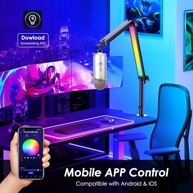 RGB Mic Boom Arm for Fifine, HyperX QuadCast 1/2 / QuadCast S/SoloCast, Shure SM7B / MV7, Blue Yeti, Rode, Shure, Razer, Gaming Mic and Most Microphones using 3/8" to 5/8" Adapter
