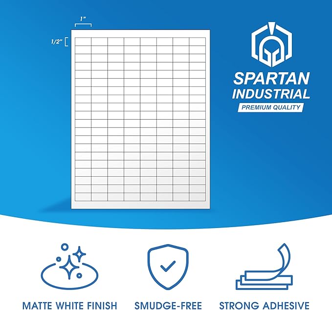 1" X 0.5" Matte White Printable Barcode Labels (500 Sheets, 80000 Stickers) UPC Labels and Price Tags for Laser & Inkjet Printers - Spartan Industrial Template R001