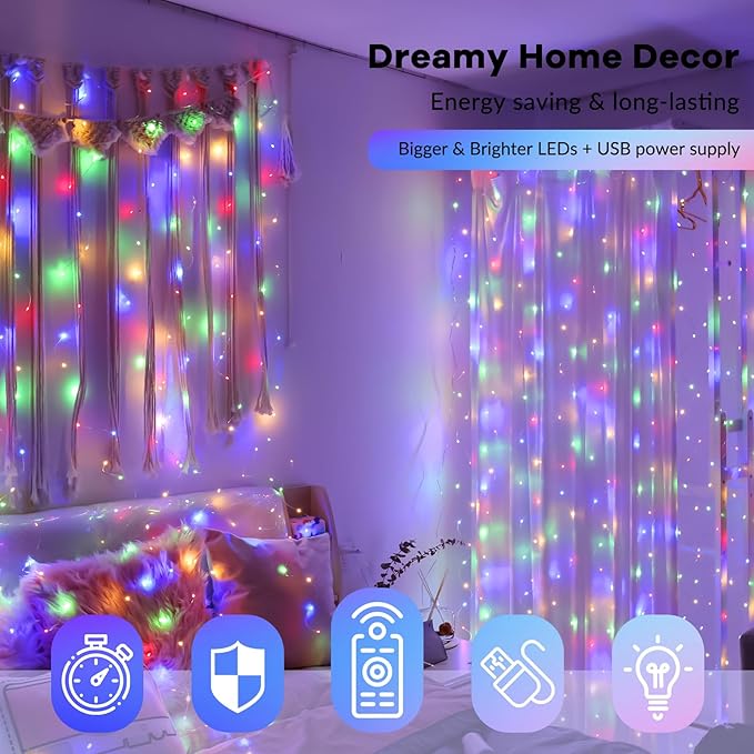 HXWEIYE 300LED Fairy Curtain Lights, 9.8x9.8Ft USB Plug-in 8 Modes Christmas String Hanging Lights with Remote for Bedroom Backdrop Wedding Indoor Wall Decor, Multicolor, Standard – 1 Pack