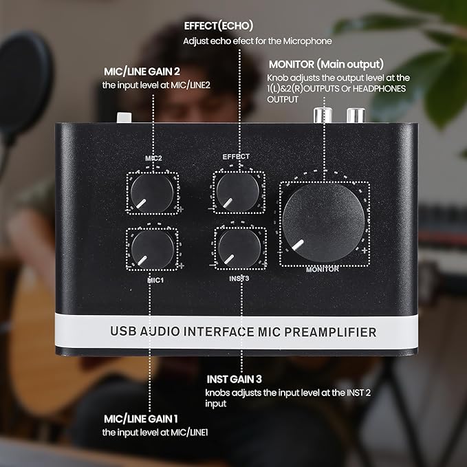 USB Audio Interface with 2X XLR/TRS Inputs, Phantom Power, USB-A/C Connectivity Perfect for Recording, Live Streaming, Podcasting Home Studio Use by Musicians Content Creators(OS3)