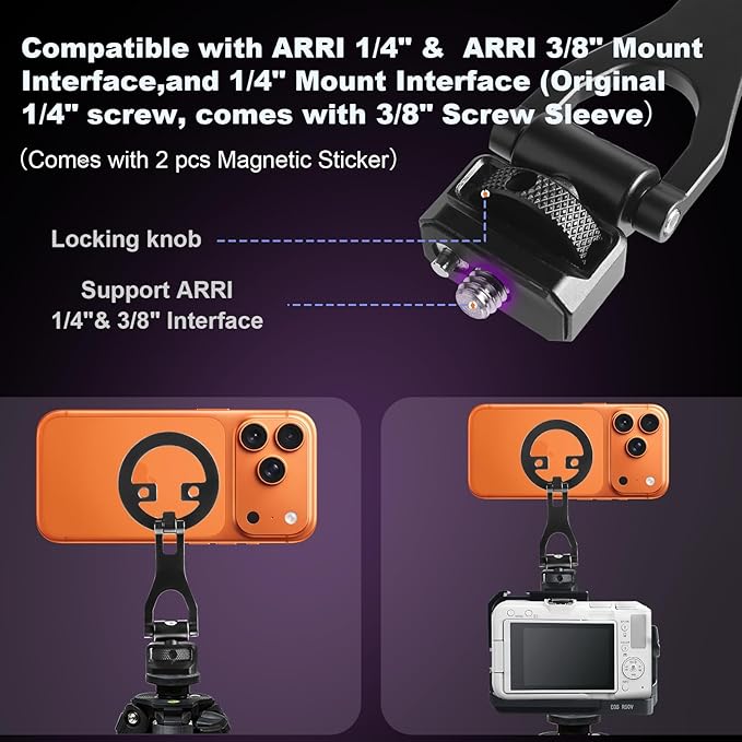 Universal Magnetic Phone Mount Holder with Sticker,Compatible with ARRI 1/4",3/8" Interface,Adjustable Rotatable Smartphone Holder Adapter for iPhone 17/16/15/14/13 Series and Andriod Phones