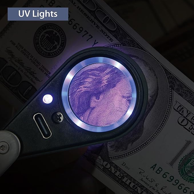 10X Rechargeable Jewelers Loupe with UV & LED Lights, Four Light Modes, Illuminated 22mm Eye Loop Magnifier Pocket Folable Jewelry Magnifying Glass for Jewelry, Currency, Gemstone, Coins, Stamps