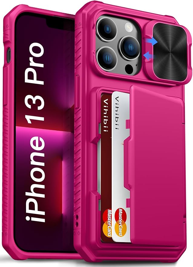 Vihibii for iPhone 13 Pro Case with Card Holder (4 Cards), [RFID Blocking] & Slide Camera Cover & Raised Edges Protect Screen, Military Grade Drop Protection, Rugged Wallet Case, 6.1" 2021, Pink