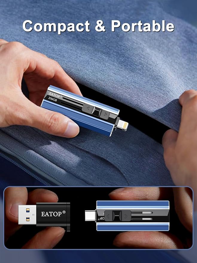 EATOP 256GB Flash Drive Intended for iPhone iPad, Memory Stick Storage for Photos and Videos Backup, Compatible with iPhone iPad Android PC, Plug and Play, No Application Required (Blue)