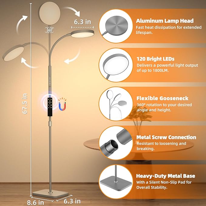 Floor Lamp, Adjustable Height Floor Lamps for Living Room Bedroom, 120 LED Super Bright Standing Lamp Remote Control Dimmable Gooseneck Tall Stand Reading Lamp for Office Craft, Matte Gray