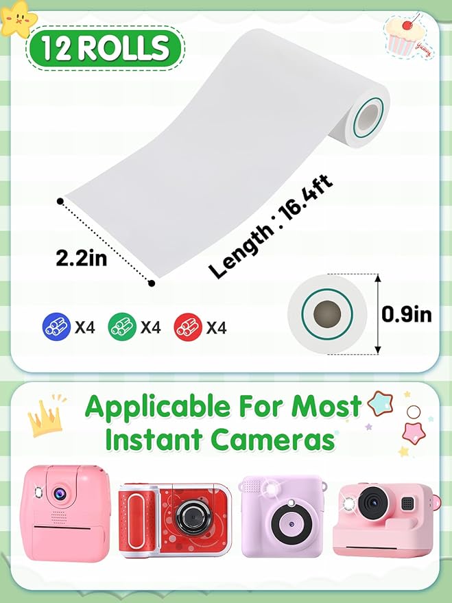3-Color Kids Camera Paper Roll Refill - Compatible with Most Instant Print Camera, HD Photo Printer Paper for Kids Aged 4 5 6 7 8 9 10 Boys Girls Birthday Gifts (12 Rolls)