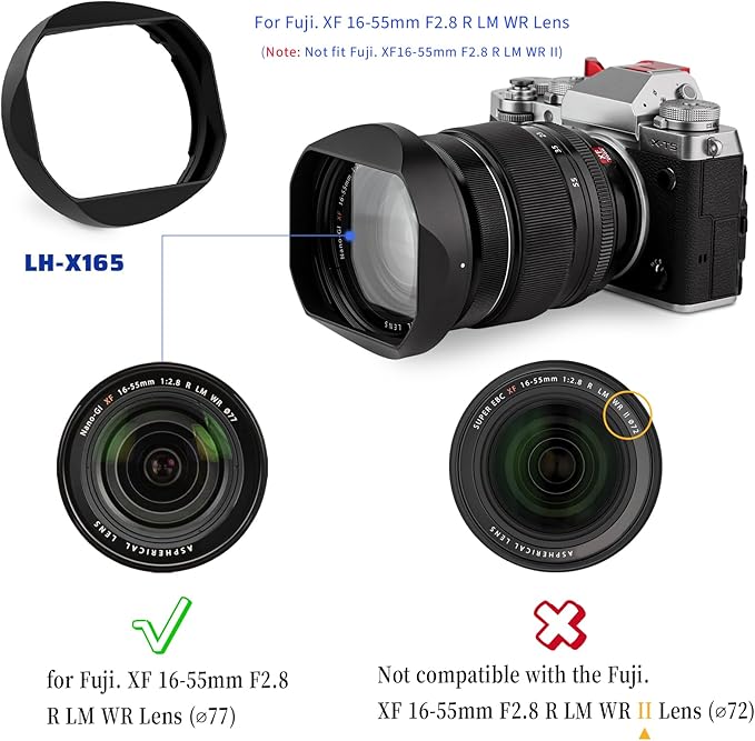 Haoge LH-X165 Square Metal Lens Hood Shade with Metal Cap for Fujifilm Fuji Fujinon XF XF16-55mm F2.8 R LM WR Lens xf 16-55mm/f2.8