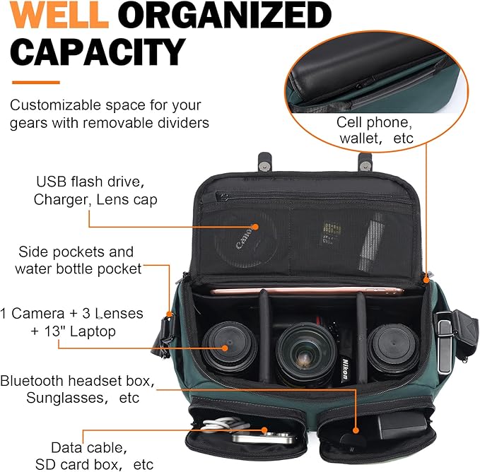 Cwatcun Camera Bag, Waterproof Flap Camera Crossbody Shoulder Messenger Case with Tripod Holder, Travel Photography Bag for Canon, Nikon, Sony, Fuji DSLR/SLR/Mirrorless Camera, Lens - Green, L