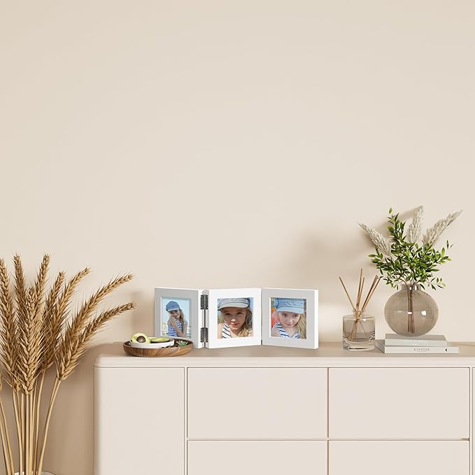 decorUhome Triple 4x4 Picture Frame Vertical, Engineered Wood Trifold Photo Frame with Plexiglass for Tabletop Display, 4x4, White