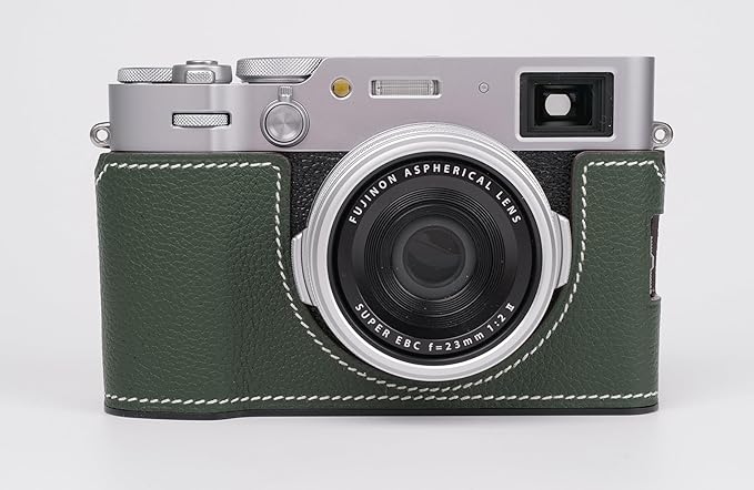 Uchandmade Handmade Genuine Leather Camera Half Case for Fujifilm X100VI - Top Layer Cowhide Body + Metal Base Plate - Hand Shank Free Design (Green)