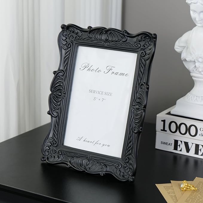 Cuspin 5x7 Black Picture Frame, Vintage Photo Frame Retro Gothic Home Decor Decorative Hand-Carved Resin with Detailed Design for Tabletop Display or Wall Hanging