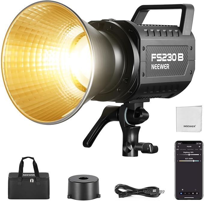 NEEWER FS230B LED Studio Video Light, 230W Bi Colour COB Continuous Lighting with 2.4G/APP Control, 110000Lux/m, 2700K-6500K, CRI 97+, Bowens Mount, Cleaning Cloth for Photography Video Recording