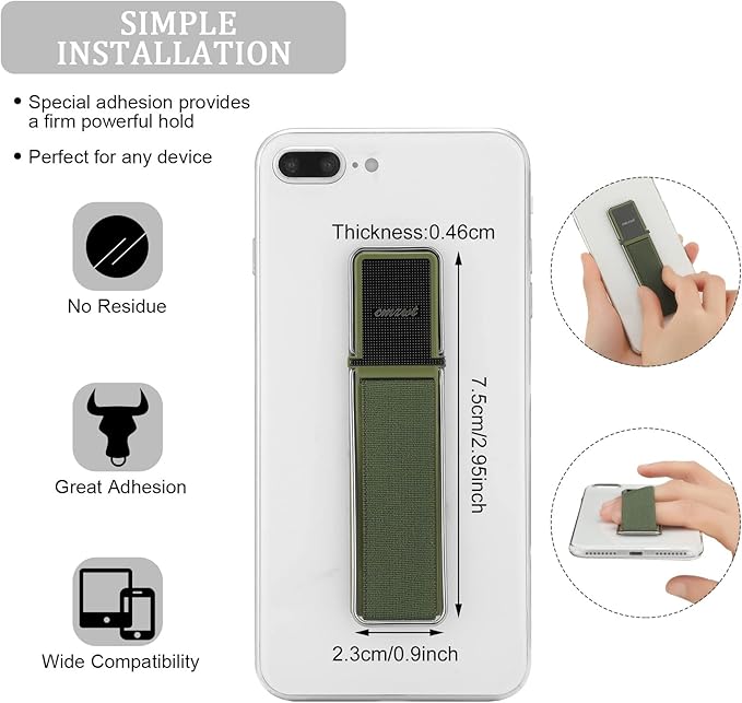 4 Pieces Phone Grip Strap Telescopic Phone Kickstand Elastic Finger Holer Hand Strap Adhesive Loop for Phone Grip with Stand Compatible with Most Smartphones (Black, Silver, Green)