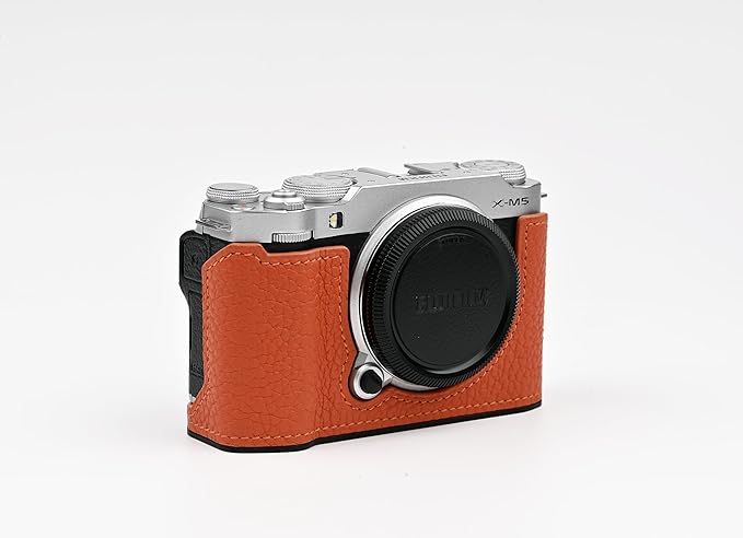 Uchandmade Handmade Genuine Leather Camera Half Case for Fujifilm X-M5/Fujifilm X-M5 Camera Case/Fujifilm X-M5 Case - Top Layer Cowhide Body + Metal Base Plate (Orange1)