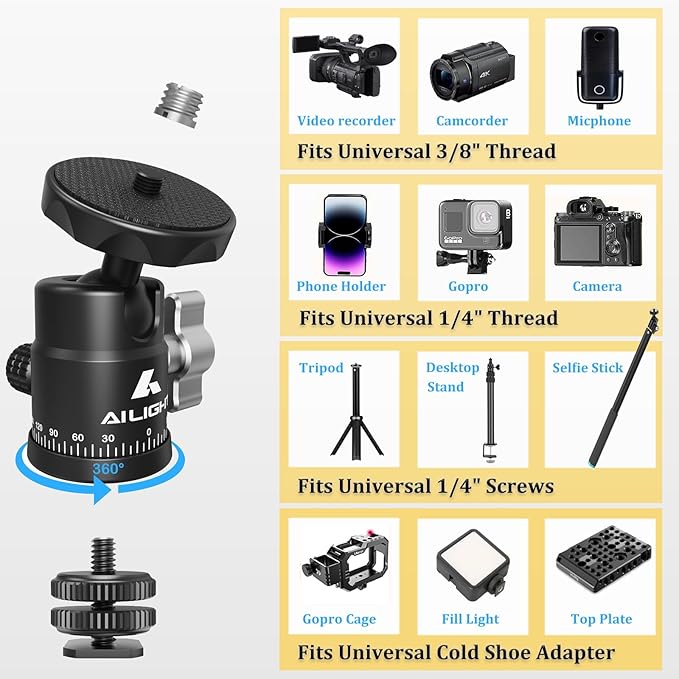 Ailight Mini Ball Head, 360° Panoramic Tripod Head, Universal 1/4" to 3/8" Screw Adapter Swivel Mini Ball Head Screw Tripod Mount, Dual Cold Shoe Mount for DSLR Cameras Camcorder（4 Pack