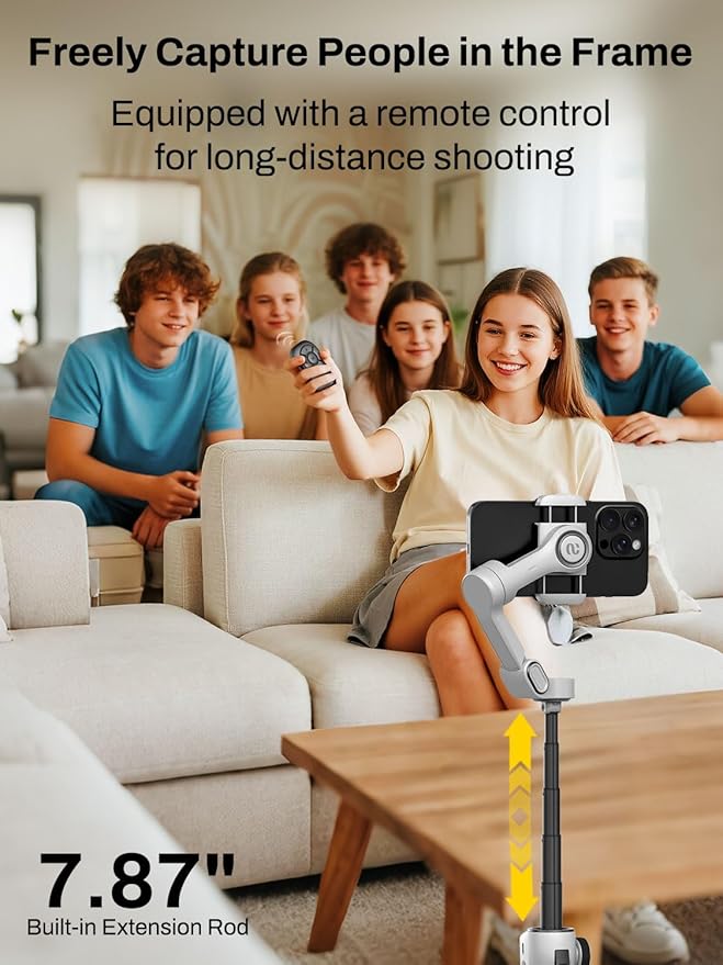 AOCHUAN Smartphone Gimbal Stabilizer for iPhone & Android, 3-Axis Phone Gimbal with Bluetooth Remote Control, Built-in 7.8” Extendable Rod, EVA Protective Storage Bag w/Hand Strap, V8 KIT WH& B30