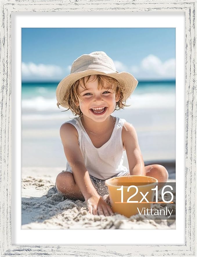Vittanly 12x16 Picture Frame, Made of Solid Wood and Shatterproof Plexiglass, Display Pictures 11x14 with Mat or 12x16 without Mat, Wooden Photo Frame for Wall Mounting, Distressed White, 1 Pack
