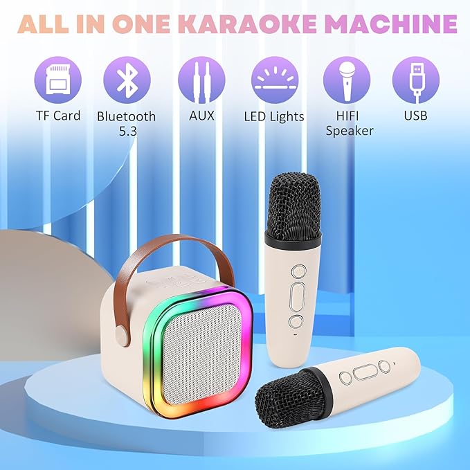 Mini Karaoke Machine, Portable Bluetooth Karaoke Speaker with 2 Wireless Microphones and Light for Family Home Party,Toys for Girls Boys Friends Age 3-12+ Kids and Adults Birthday Gifts. (Beige)