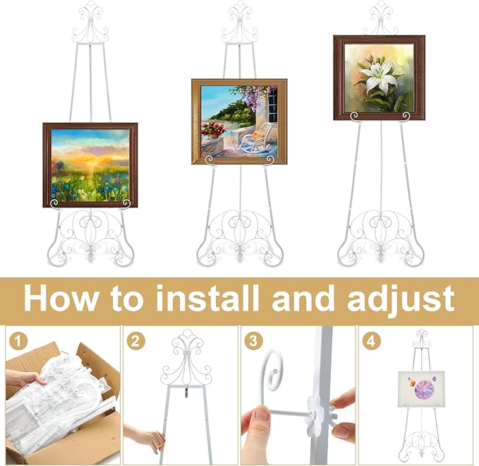 White Easel Stand for Wedding Sign, 57'' Adjustable Vintage Scroll Floor Display Stand with Chain Support for Welcome Poster, Photo, Art, Decorative Event Display