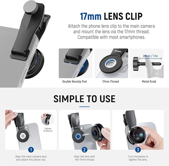 NEEWER 170° 14mm VR Fish Eye Lens with 17mm Threaded Lens Clip, Panoramic Fisheye for Live Streaming, Outdoor Landscape, Architecture, Compatible with iPhone 17 16 Pro Max Android S25 Ultra, LS-77