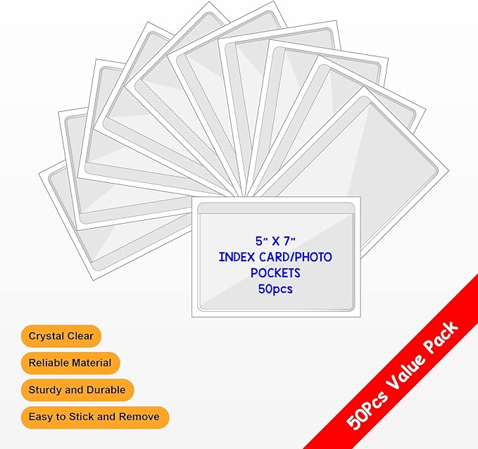 IMAGAME Clear Adhesive 5" x 7" Index Card Pockets with Top Open for Loading, 50 Pack, Plastic Labels Holders for Storage Bins and Library Card, Organizing and Protecting Your Index Cards or Photos