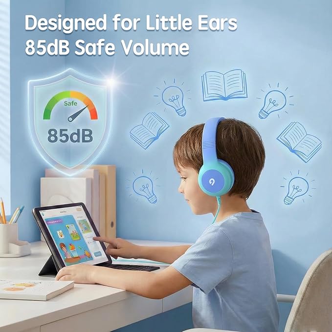 Wired Kids Headphones with USB C Plug, 85dB Safe Volume, Adjustable Headband, Tangle-Free Cord Headphones for School, Tablet, Travel (Sky Blue & Mint Green, Without Microphone)