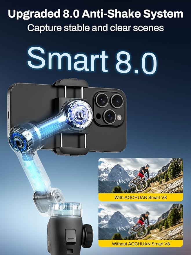 AOCHUAN Gimbal Stabilizer for iPhone w/Bluetooth Remote, 3-axis Phone Stabilizer w/7.8” Extension Rod, AI Face Tracking Smartphone Gimbal, EVA Protective Storage Bag w/Hand Strap, V8 KIT BK& B30