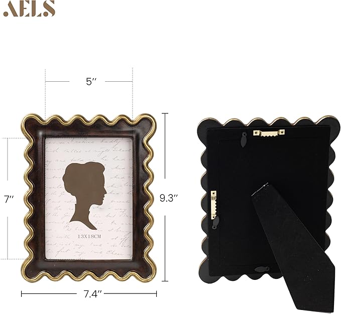 AELS 5x7 Inch Vintage Scalloped Picture Frame, Mid Century Modern Antique Photo Frames with Glass Front, Photo Display, Tabletop Wall Hanging, Dark Walnut