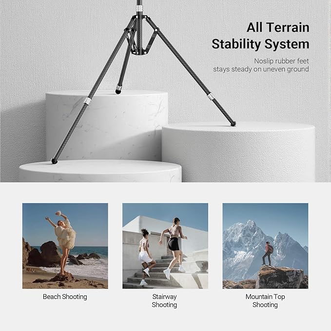 NEEWER Carbon Fiber Tripod Stand w Reversible Legs, 35"-102" Portable Lightweight Photography Light Stand for Strobe Softbox Ring Light Action Cam DSLR Streaming Recording, 6.6lb/3kg Max Load, ST260C